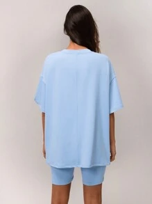 SHEIN Forever 21 Lässiges Damen Sommer, Tee-Party, Strand-Urlaub, Zuhause Casual blaues, weites, weißes Buchstaben-bedrucktes Oversized T-Shirt - Blau - Übersicht 2
