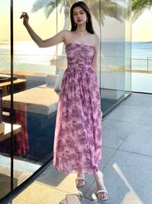 DAZY Women Floral Print Ruched Bandeau Midi Vacation Dress Summer Sundress