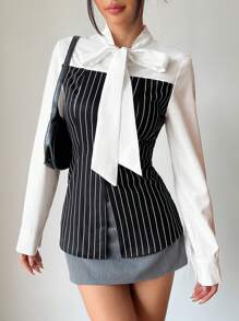 SHEIN Unity 全新 拼接单排扣长袖蝴蝶结领优雅女士办公衬衫 - 黑與白 - 查看 3