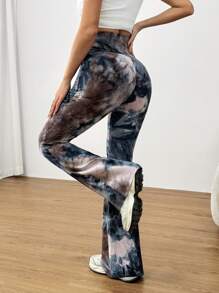 SHEIN EZwear 大码扎染弹力舒适紧身喇叭裤，夏季 - 彩色 - 查看 2