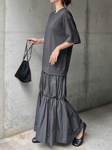 FRIFUL 女士灰色连衣裙，撞色下摆，圆领短袖，夏季服装，荷叶边 - 灰色 - 查看 3