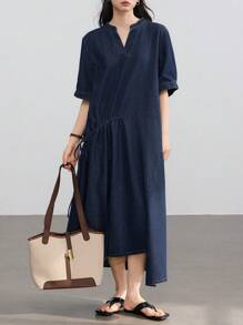 Dazy-Less 女士商务休闲宽松直筒抽绳系带拼接牛仔连衣裙 - 深色水洗藍 - 查看 1