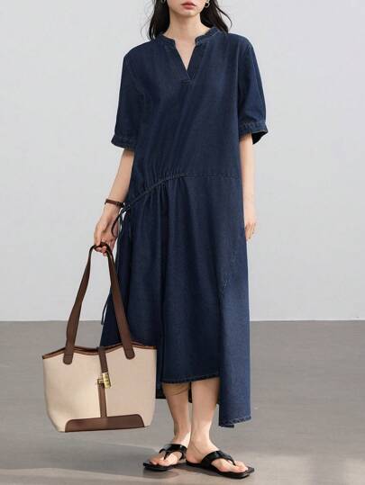 Dazy-Less Vestido casual de negocios para mujer de mezclilla holgado y recto con cordón, con aplicaciones de encaje