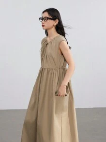 DAZY Women's Casual Elegant Minimalist Drawstring Waist Floral Decor Large Pocket Straight Long Midi Dress Summer Old Money Style Sundress - Khaki - View 2