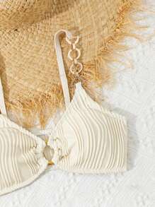 Tween Girls Summer Beachwear Solid Textured Bikini Set - Apricot - View 3