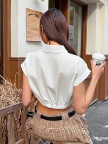 SHEIN EZwear 女士白色休闲修身短款盖袖衬衫 - 白色 - 查看 2