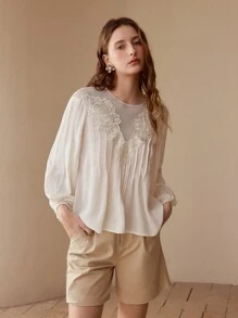 MOTF CONTRAST LACE LANTERN SLEEVE BLOUSE,SPRING/SUMMER