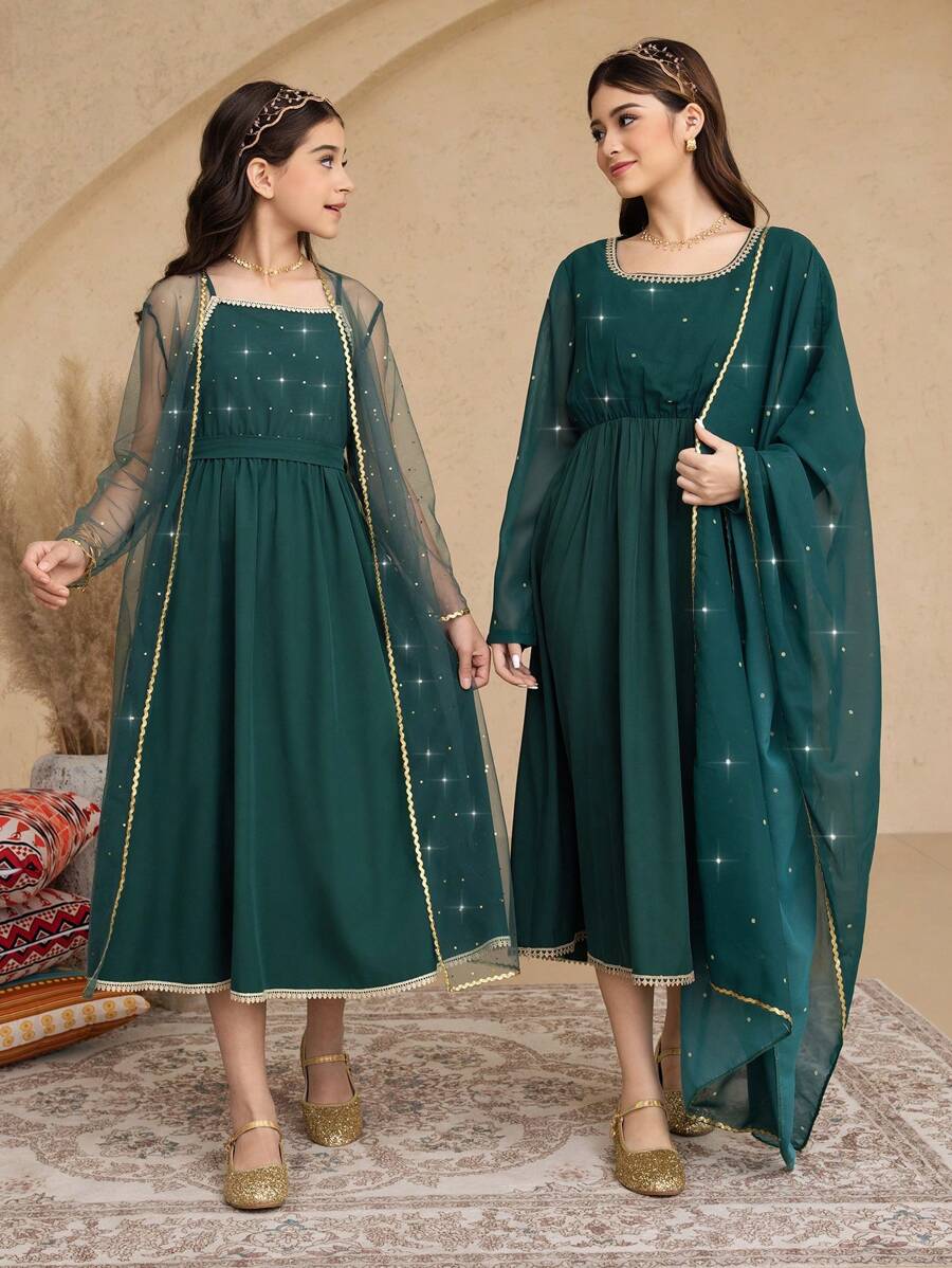 2pcs/Set Tween Girls Mesh Jacket & Spaghetti Strap Dress Set - Dark Green - View 1