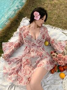 DAZY 女士花卉印花喇叭袖和服罩衫，适合夏季海滩度假 - 彩色 - 查看 4