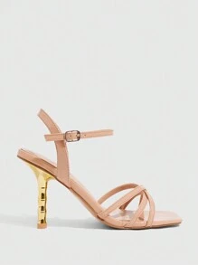 CUCCOO SZL Sandalias altas de tacón cuadrado color albaricoque con tacones metálicos dorados, diseño elegante y sexy con correas cruzadas para damas