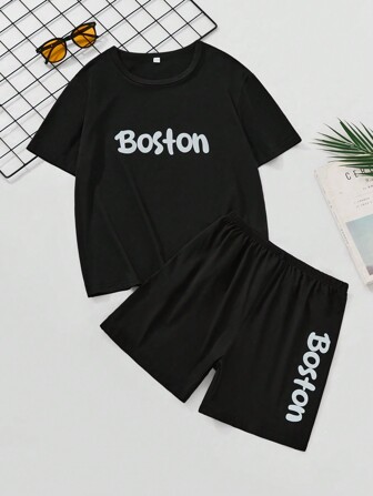 Tween Boy Letter Print Korte Mouw T-shirt En Shorts Pyjama Set
