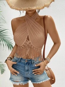 SHEIN VCAY Damen Kontrast Spitze Kreuzriemen Urlaub Cami Top