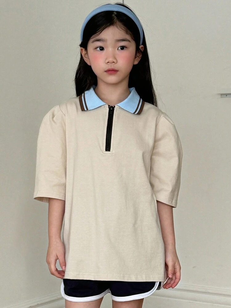 Tween Girl Casual Color Block Collar Short Sleeve T-Shirt, Summer, Back To School