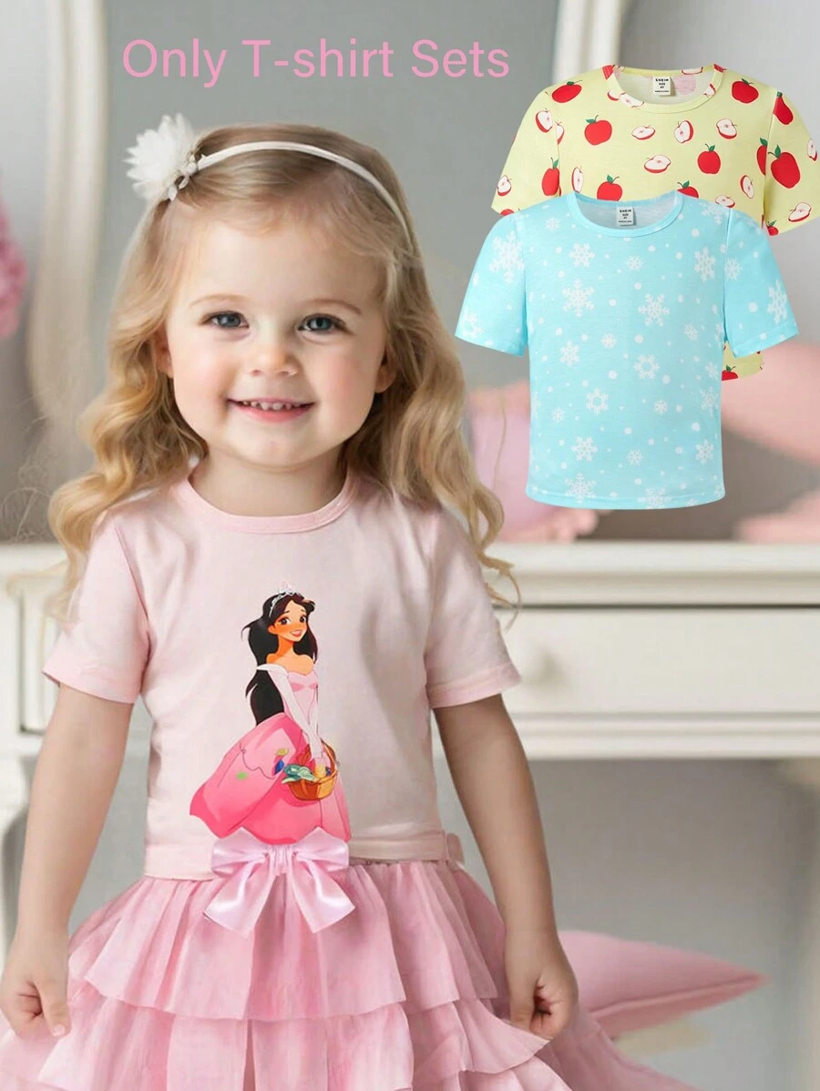 3 件套年轻女孩可爱公主苹果和雪花印花 T 恤，休闲日常穿着，春夏