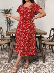 Plus Size Women Summer Front Button Short Sleeve All-Over Print Casual Dress - Red - View 5