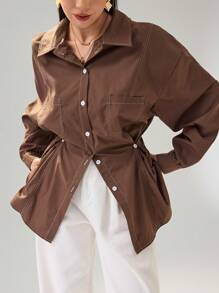 Heiryn 女士休闲收腰宽松衬衫 - 咖啡棕 - 查看 4