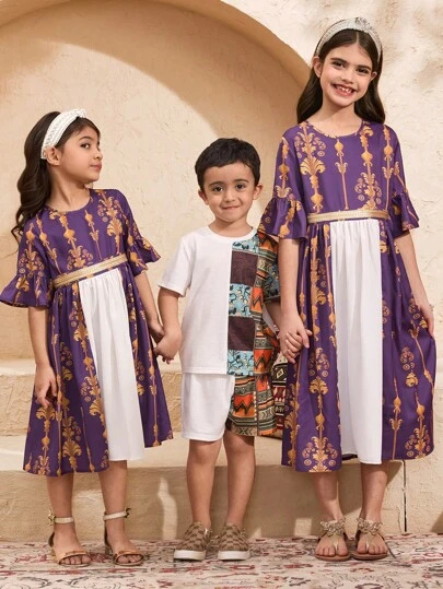 SHEIN 两件套年轻男孩休闲运动学院艺术风格和艺术复古花卉图案阴阳拼布圆领T恤和短裤套装适合儿童服装年轻男孩服装返校男孩套装适合生日派对、晚会、表演、婚礼、洗礼、返校仪式日常适合上学适合旅行适合度假适合春夏季