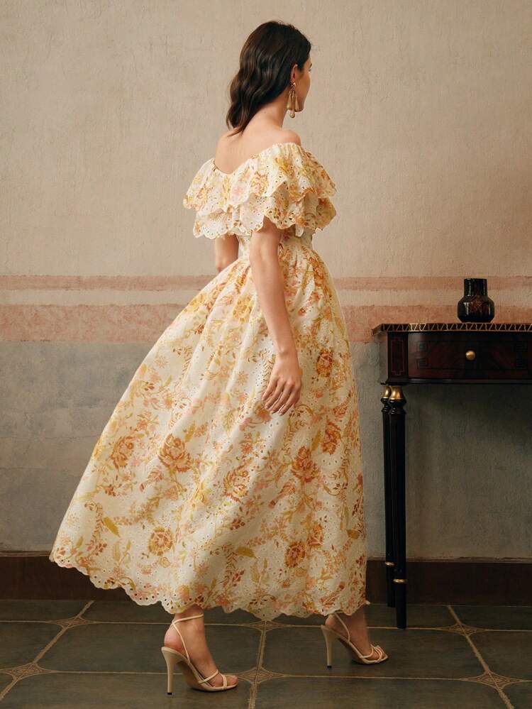 Women's Elegant Off Shoulder Ruffled Hollow-Out Floral Embroidered Dress, Beach Resort Festival Going Out Vacation Outfits, Spring/Summer Women Resort Wear Love And Lemonade Dresses