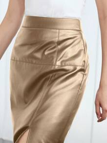 MOTF PREMIUM SPLIT HEM PU LEATHER SKIRT - Khaki - View 3