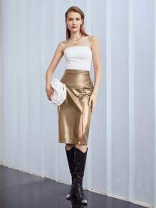 MOTF PREMIUM SPLIT HEM PU LEATHER SKIRT - Khaki - View 8