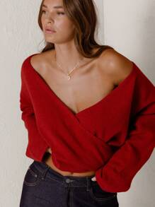 Aralina Oversized Cross-Front Cozy Knit Sweater - Red - View 8