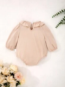 Newborn Baby Apricot Ruffled Collar Elegant Lace Bow Long Sleeve Romper Pajamas - Apricot - View 2