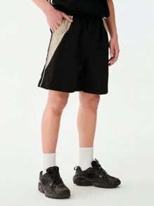 SHEIN 1 pezzo Pantaloncini da basket stile hip hop vintage americano per ragazzi adolescenti, vestibilità ampia, patchwork casual, streetwear, adatti per basket, hip hop, uso quotidiano, estate all'aperto, skateboard - nero - Visualizzare 5