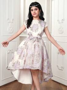 Elegant Floral Pattern Round Neck Loose Fit Dress For Teen Girls - Multicolor - View 1