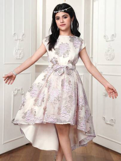 Elegant Floral Pattern Round Neck Loose Fit Dress For Teenage Girls