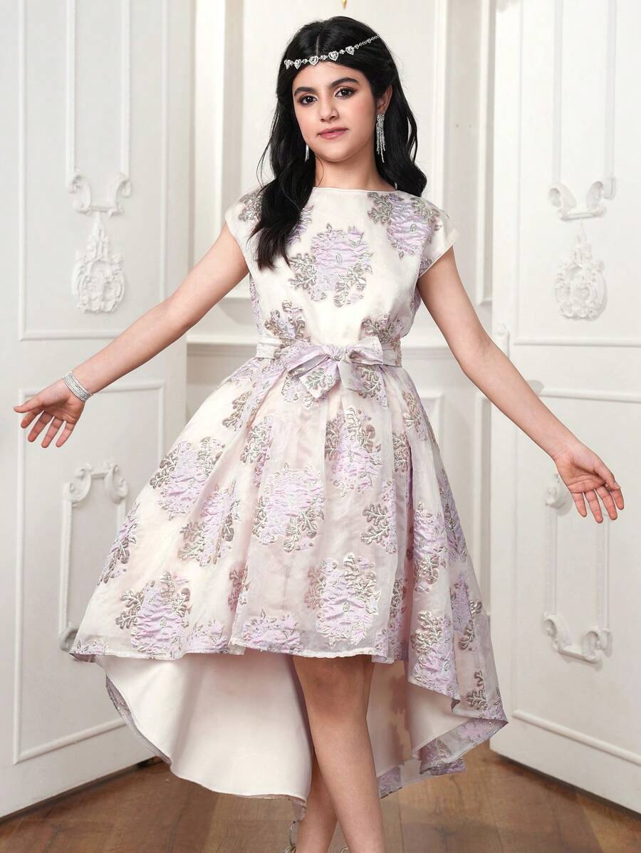 Elegant Floral Pattern Round Neck Loose Fit Dress For Teen Girls - Multicolor - View 1