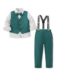 3-Piece Gentleman Suit For Young Boys, Includes Soft Woven Polka Dot Printed Long Sleeve Shirt, Green Vest, And Casual Suit Pants, With A Stylish Bow Tie. This Fashionable Set Is Suitable For Daily Casual Wear, Festivals, Parties, Birthdays, Weddings, Halloween, Christmas, Thanksgiving Celebrations, Formal Occasions, And Performances. - Multicolor - View 3