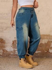 SHEIN ICON Plus Size Simple And Fashionable Casual Everyday Wear Cargo Denim Jeans - Dusty Blue - View 4