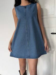 SHEIN ICON Vestido vaquero mini con corte holgado y sin mangas para mujer, azul, adecuado para verano / atuendos de verano / ropa de verano, primavera / atuendos de primavera para mujer, vacaciones, atuendos de vacaciones para mujer / vacaciones, primavera y verano mujeres románticas/baile de graduación/formal/cumpleaños/ropa de los 90/casual de negocios para mujer/elegante/vestir occidental/salir/moda/casual/ropa y2k/club/oficina/cóctel/vintage/ajustado/trajes de rave del festival/divertido/elegante/dinero viejo/ropa de calle/atuendos de vacaciones/atuendo de concierto de country/ropa de trabajo/modesto/vacaciones de primavera/atuendos de despedida de soltera/concierto/chica mala/básico/graduación/sin mangas/vestido de corte A/azul/vaquero