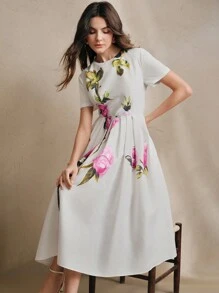 Anewsta French Vintage Romantic Rose Floral Print Round Neck Short Sleeve A-Line Dress For Women
