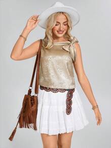 SHEIN LUNE Festival Western Wear Women Women's Shiny Gold Bowknot Collar Sleeveless Blouse