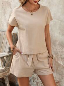 EMERY ROSE 2pcs Women Solid Color Round Neck Short Sleeve Shirt & Shorts Casual Set - Khaki - View 4