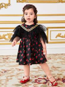 SHEIN Baby Girl Elegant Black Floral Mesh Overlay Summer Dress - Black - View 8