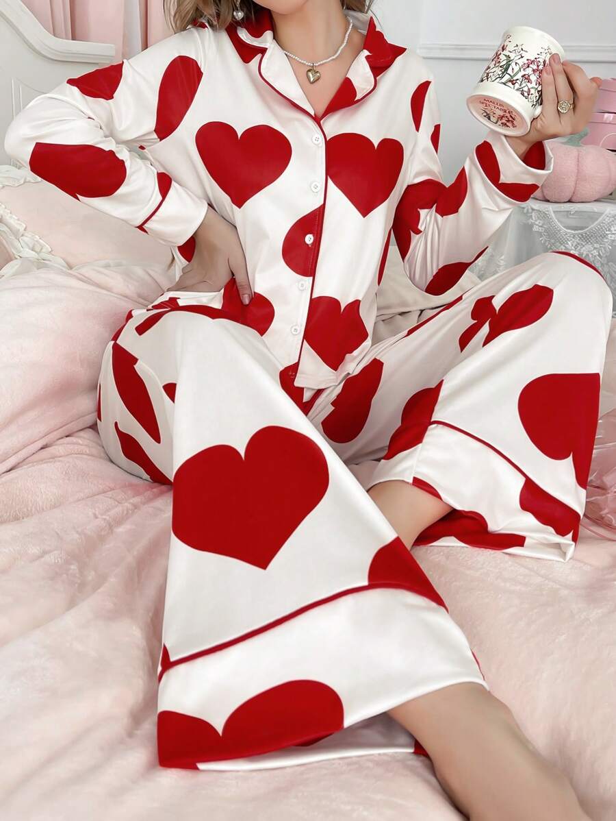 Valentine's Day Heart Print Sweet & Cute Lapel Women's Red Pajama Set - Multicolor - View 1