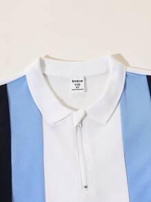 2 pièces/Set Polo à manches courtes avec demi-zip et bloc de couleur & Short pour Tout-petits Garçons, Tenues décontractées d'été pour sortie et port quotidien - bleu indigo - Voir 4