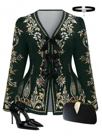 SHEIN Clasi 大码复古印花修身系腰带蝴蝶结衬衫荷叶边上衣蝴蝶结