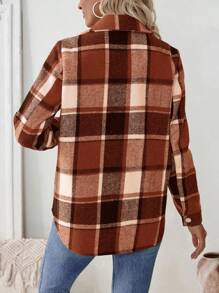 SHEIN LUNE Chaqueta casual con botones y bolsillos con estampado a cuadros de manga larga para mujer, camisa de uso casual diario para mujer