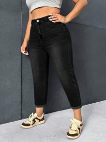 SHEIN ICON 大碼休閒修身錐形牛仔褲，洗水色 - 黑色 - 查看 6