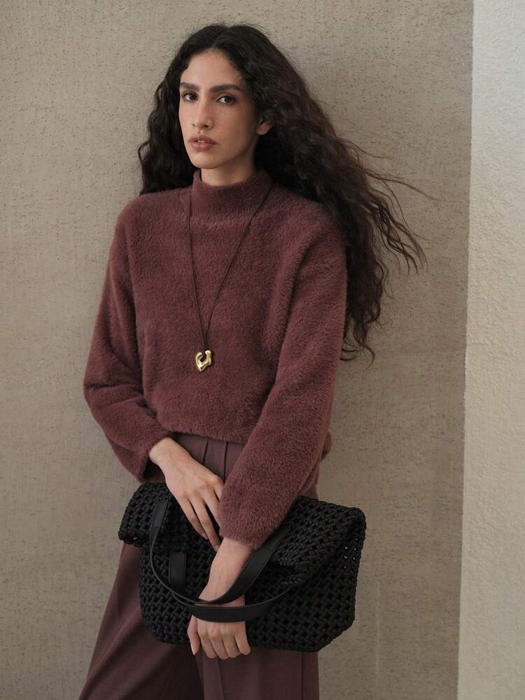 FLUFFY KNIT MOCK NECK SWEATER