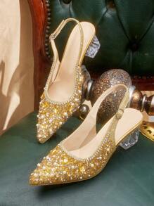 CUCCOO TILAWA Women's Pointed Toe Crystal Heel Hollow Out Rhinestone Shoes, Suitable For Outing, Banquet, Party And Other Occasions Spring Shoes Spring Break Easter Prom Heels For Christmas - Gold - View 3