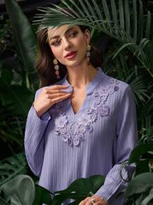 Al Najma Đầm suông họa tiết trang trí cổ đứng truyền thống rộng rãi màu trơn thanh lịch cho nữ, váy Ả Rập, kín đáo - Màu xanh Bạc hà - Xem 4