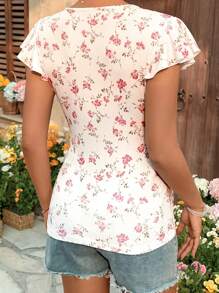 SHEIN Ditsy Floral Short Cap Sleeve Nursing T-Shirt For Festive Summer Women's Summer - White - View 2