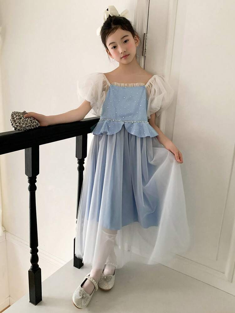 Tween Girl' Square Collar Mesh Splice Simple Princess Dress, Summer,Back To School Clothes