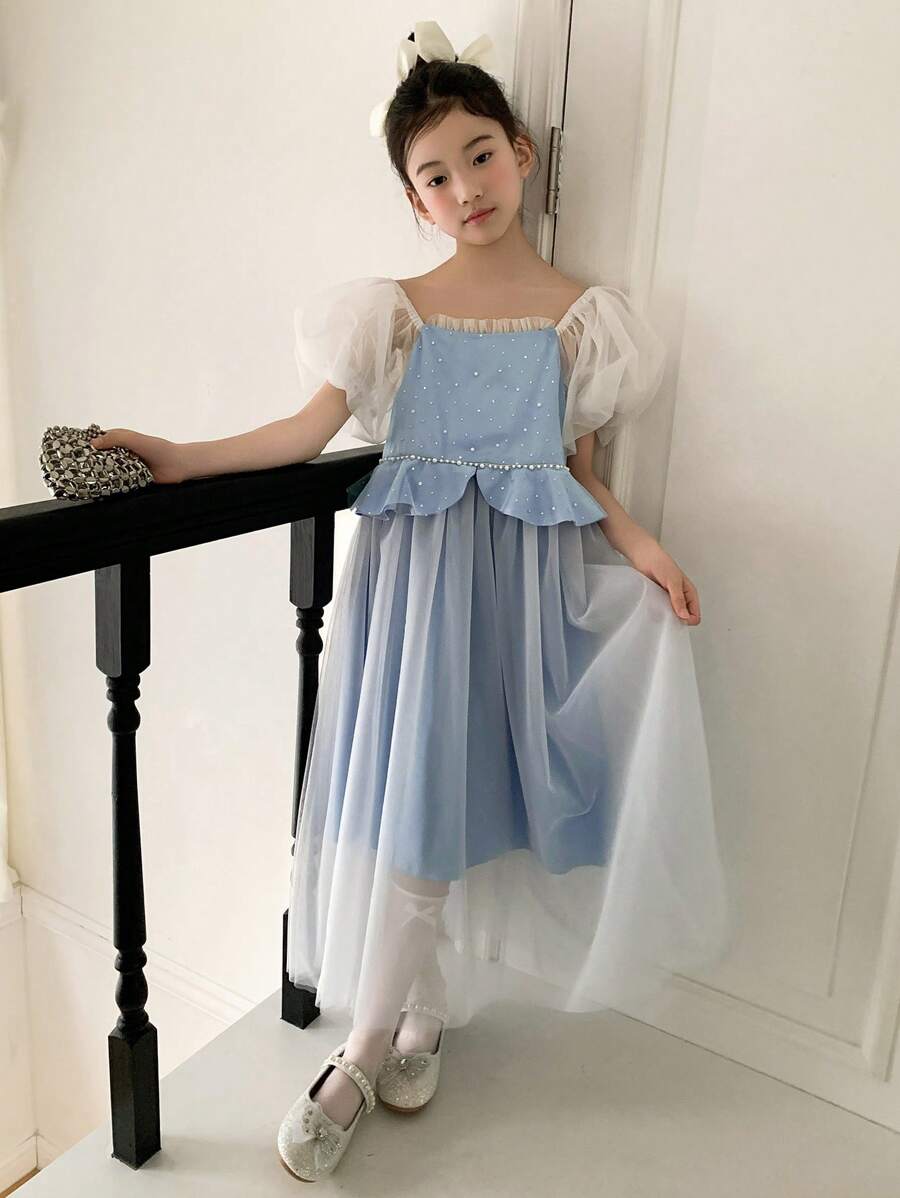 DAZY Tween Girl' Square Collar Mesh Splice Simple Princess Dress, Summer,Back To School Clothes - Blue - View 1
