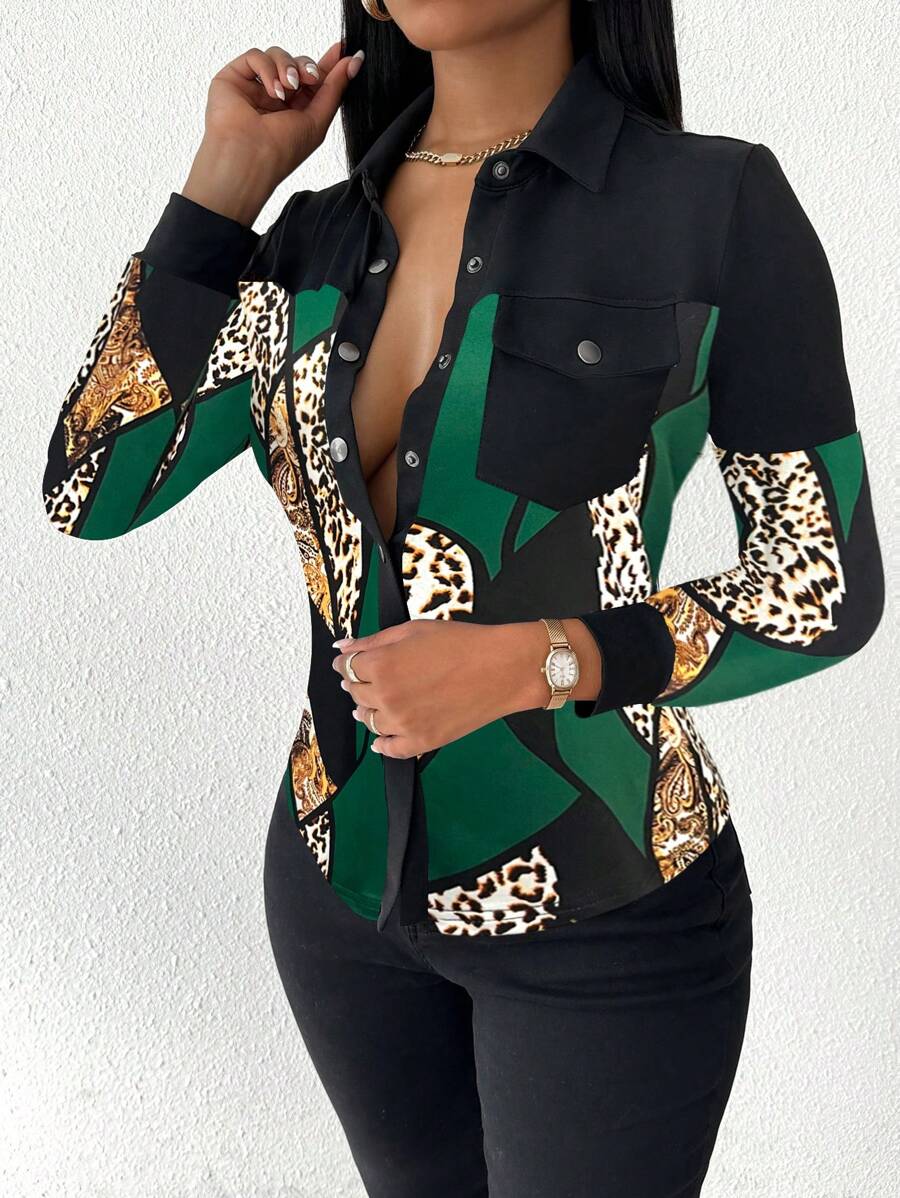 VaVaBold 女式格子印花纽扣长袖衬衫、新年服装上衣 - 彩色 - 查看 1