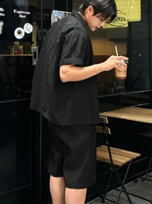 DAZY Men's Asymmetrical Design Textured Fabric Shirt Set, Summer - Black - View 5